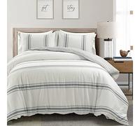 Lush Decor Farmhouse Stripe Reversible 3 Piece Cotton Duvet Cover Set, Full/Queen, Dark Gray