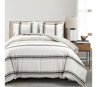Lush Decor Farmhouse Stripe Reversible Oversized Cotton 3 Piece Comforter Set, Black, Full/Queen