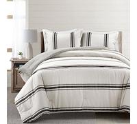 Lush Decor Farmhouse Stripe Reversible Oversized Cotton 3 Piece Comforter Set, Black, King