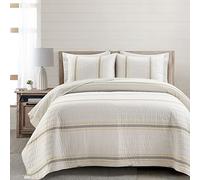 Lush Decor Farmhouse Stripe Reversible Oversized Cotton 3 Piece Comforter Set, Yellow & Gray, King
