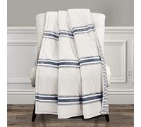 Lush Decor Farmhouse Stripe Throw - Reversible Ticking Pinstripe Design Blanket, 50" x 60", Navy