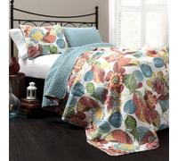 Lush Decor Floral Leaf Print 3 Piece Reversible Bedding Set, Cotton, Orange & Blue, King