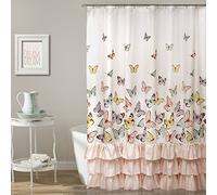Lush Decor Flutter Butterfly Shower Curtain | Textured Ruffle Print Fabric Bathroom Decor, x 72”, Pink, Polyester, 72x72