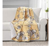Lush Decor French Country Toile Cotton Reversible Throw Blanket, Yellow & Gray, 60" x 50"