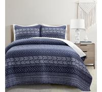 Lush Decor Hygge Geo Cotton Reversible Oversized 3 Piece Quilt Set, Navy, King