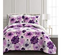 Lush Decor Leah 3 Piece Quilt Set, Gray & Purple, Full Queen