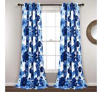 Lush Decor Leah Light Filtering Window Curtain Panel Pair Floral Insulated Grommet, 52" W x 84" L, Navy and White