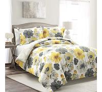 Lush Decor Leah Reversible 100% Cotton Duvet Cover Set, 3 Piece Set, King, Yellow & Gray - Charming Floral Bedding Set - Large Blooming Watercolor Flowers