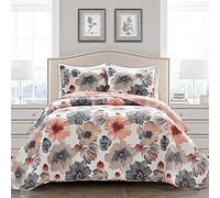 Lush Decor Leah Reversible Floral Quilt Set, 3 Piece Set, Full/Queen, Coral & Gray - Charming Floral Bedding Set - Large Blooming Watercolor Flowers