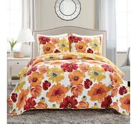 Lush Decor Leah Reversible Floral Quilt Set, 3 Piece Set, Full/Queen, Red & Orange - Charming Floral Bedding Set - Large Blooming Watercolor Flowers