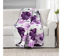 Lush Decor Leah Reversible Throw Blanket, 50" W x 60" L, Gray & Purple - Large Blooming Watercolor Flowers - Charming Quilted Floral Blanket For Bed, Couch, Or Chair