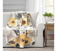 Lush Decor Leah Reversible Throw Blanket, 50" W x 60" L, Yellow & Gray - Large Blooming Watercolor Flowers - Charming Quilted Floral Blanket For Bed, Couch, Or Chair