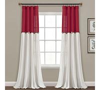 Lush Decor Linen Button Farmhouse Curtains, Single Panel, Pleated Two Tone Design 40" W x 84" L, Red & Off-White