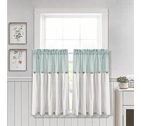 Lush Decor Linen Button Farmhouse Kitchen Curtains, Tier Kitchen Curtain Set, Pair, 29" W x 36" L, Blue & White