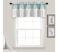 Lush Decor Linen Button Farmhouse Valance, 52" W x 18" L, Blue & White - Rustic Kitchen Valance For Windows - Pleated Color Block Design With Coconut Husk Button Detail - Kitchen Curtains Valance
