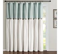 Lush Decor Linen Button Window Curtain Panel, 100" W x 84" L, Blue & White - Country Style, Extra Wide, Color Block Farmhouse for Living Room, Bedroom & Dining Room