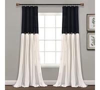 Lush Decor Linen Button Window Curtain Panel, Single, 40" W x 108" L, Black & White - Country Curtains - Rustic Decor -Color Block Modern Farmhouse Curtains For Living Room, Bedroom & Dining Room