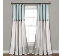 Lush Decor Linen Button Window Curtain Panel, Single, 40" W x 108" L, Blue & White - Country Curtains - Rustic Decor -Color Block Modern Farmhouse Curtains For Living Room, Bedroom & Dining Room