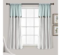 Lush Decor Linen Button Window Curtain Panel - Single Panel - Modern Farmhouse Curtain - Pleated Color Block Design With Coconut Husk Button Detail - 40" W x 63" L, Blue & White
