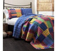Lush Decor Misha Quilt | Patchwork Bohemian Reversible Print Pattern 3 Piece Bedding Set - King - Fuschia and Blue