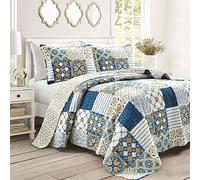 Lush Decor Monique 3 Piece Quilt Set, Full/Queen, Navy & Mustard