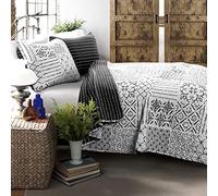 Lush Decor Monique 3 Piece Reversible Print Pattern Charcoal Quilt Set King