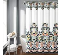 Lush Decor Navy and Tangerine Clara Shower Curtain-Fabric Colorful Boho Paisley Damask Print Design, 72 x 72