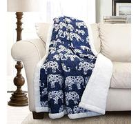Lush Decor Navy Elephant Parade Throw Fuzzy Reversible Sherpa Blanket 60” x 50 White