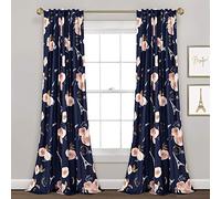 Lush Decor Navy Vintage Paris Rose Butterfly 2-Piece Window Curtain Panel Set, Long Floral Polyester Themed Pattern (84" x 52")