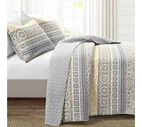 Lush Decor Nesco Stripe Reversible Cotton 3 Piece Quilt Set, Yellow & Gray, Full/Queen