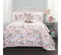Lush Decor Pixie Fox Reversible 4 Piece Bedding Gray/Pink-Full/Queen Quilt Set, Polyester