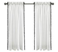 Lush Decor Pom Pom Curtain | Textured, Solid Color Shabby Chic Style Window Panel for Living, Dining Room, Bedroom (Single), 63” x 50”, Black and White