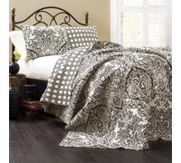 Lush Decor Quilt Paisley Damask Print Pattern Reversible 3 Piece Lightweight Bedding Blanket Bedspread Set, Cotton, Black & White, King