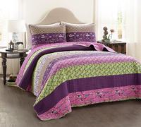 Lush Decor Quilt Striped Pattern Reversible 3 Piece Bedding Set, Cotton, Plum, Full/Queen