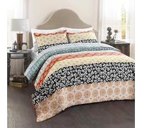 Lush Decor Reversible Duvet Cover Set Cotton Bohemian Stripe 3 Pieces Double Size Turquoise and Orange Boho Bedding Set Bold and Colorful Striped Quilt Maximalist and