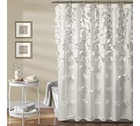 Lush Decor Riley Shower Curtain Bow Tie Textured Fabric Vintage Chic Farmhouse Style Bathroom Decor, White, 72" x 72"