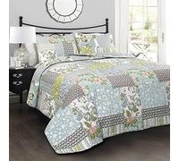 Lush Decor Roesser Quilt | Patchwork Floral Reversible Print Pattern Country Farmhouse Style 3 Piece Bedding Set - King - Blue