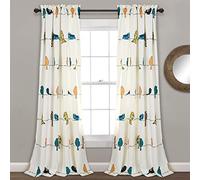 Lush Decor Rowley Birds Light Filtering Window Curtain Panels, Pair, 52" W x 84" L, Multi - Colorful Floral Print - Whimsical & Playful Bird Curtains For Bedroom, Living Room, Or Dining Room