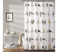Lush Decor Rowley Birds Shower Curtain, 72” W x 72” L, Yellow & Gray - Colorful Floral Bird Pattern - Whimsical & Playful Bird Shower Curtain - Farmhouse, Coastal, & Boho Bathroom Decor