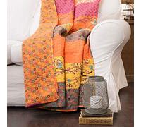 Lush Decor Royal Empire Reversible Cotton Throw Blanket, 50" W x 60" L, Tangerine - Colorful Boho Pattern - Orange Throw - Fall Quilted Throw - Bohemian Striped Cotton Blanket For Bed, Couch, Or Chair