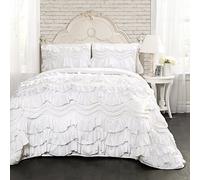 Lush Decor Ruffled Textured 3 Piece Full Queen Size Bedding Set, Polyester,Microfiber, White