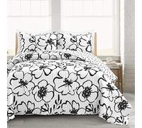 Lush Decor Scandinavian Floral 3 Piece Quilt Set, Full/Queen, Black & White