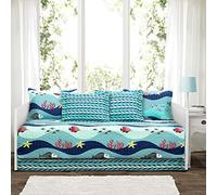 Lush Decor Sea Life Stripe 6 Piece Daybed Cover | Ocean Beach Fish Bedding Set Includes Bed Skirt, Pillow Shams and Cases 75" X 39", Blue
