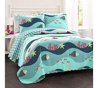 Lush Decor Sealife Fish Ocean Wave Reversible 2 Piece Blue Quilt Bedding Set, Twin, Cotton