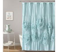 Lush Decor Serena Ruffle Shower Curtain, 72" W x 72" L, Spa Blue - Beautiful Ruched Flower Design - Luxury Shower Curtain - Vintage Glam, Cottage & Farmhouse Bathroom Decor