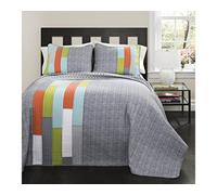 Lush Decor Shelly Stripe Quilt | Modern Geometric Pattern Reversible 3 Piece Bedding Set, Cotton, Orange & Gray, King