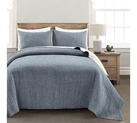 Lush Decor Solid Kantha Pick Stitch Yarn Dyed Cotton Woven 3 Piece Quilt/Coverlet Set, Navy & Off-White, King