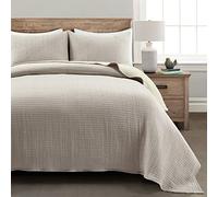 Lush Decor Solid Kantha Pick Stitch Yarn Dyed Cotton Woven 3 Piece Quilt/Coverlet Set, Neutral & Off-White, Full/Queen