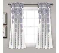 Lush Decor Stripe Medallion Room Darkening Window Curtain Panel Pair, Polyester, Navy, 63" L x 52" W
