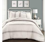 Lush Decor Stripe Reversible Cotton Comforter Set, Cozy Farmhouse Bedding Set, Full/Queen, Gray, 3 Piece Set